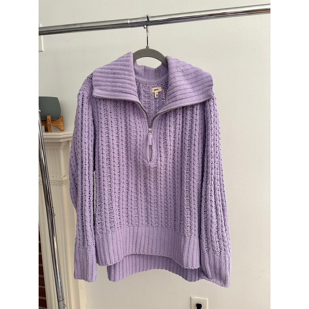 Aerie Lavender Cable Knit Quarter Zip Sweater Oversized Mock Neck Pullover - Picture 3 of 11